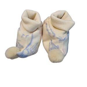 Floriane Baby Booties – Size 6 Months – Cream, Pink & Blue Knit with Pom-Poms